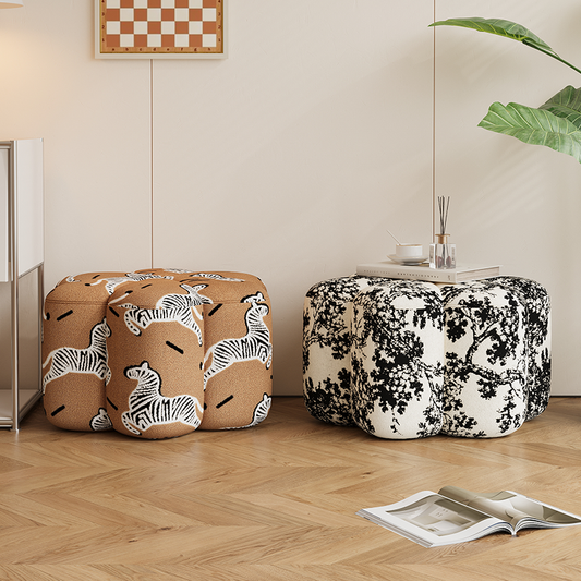 Petal Shaped Upholstered Ottoman in Zebra or Tree Print for Living Room Kids Room or Artistic Modern Lounge Accent Seating