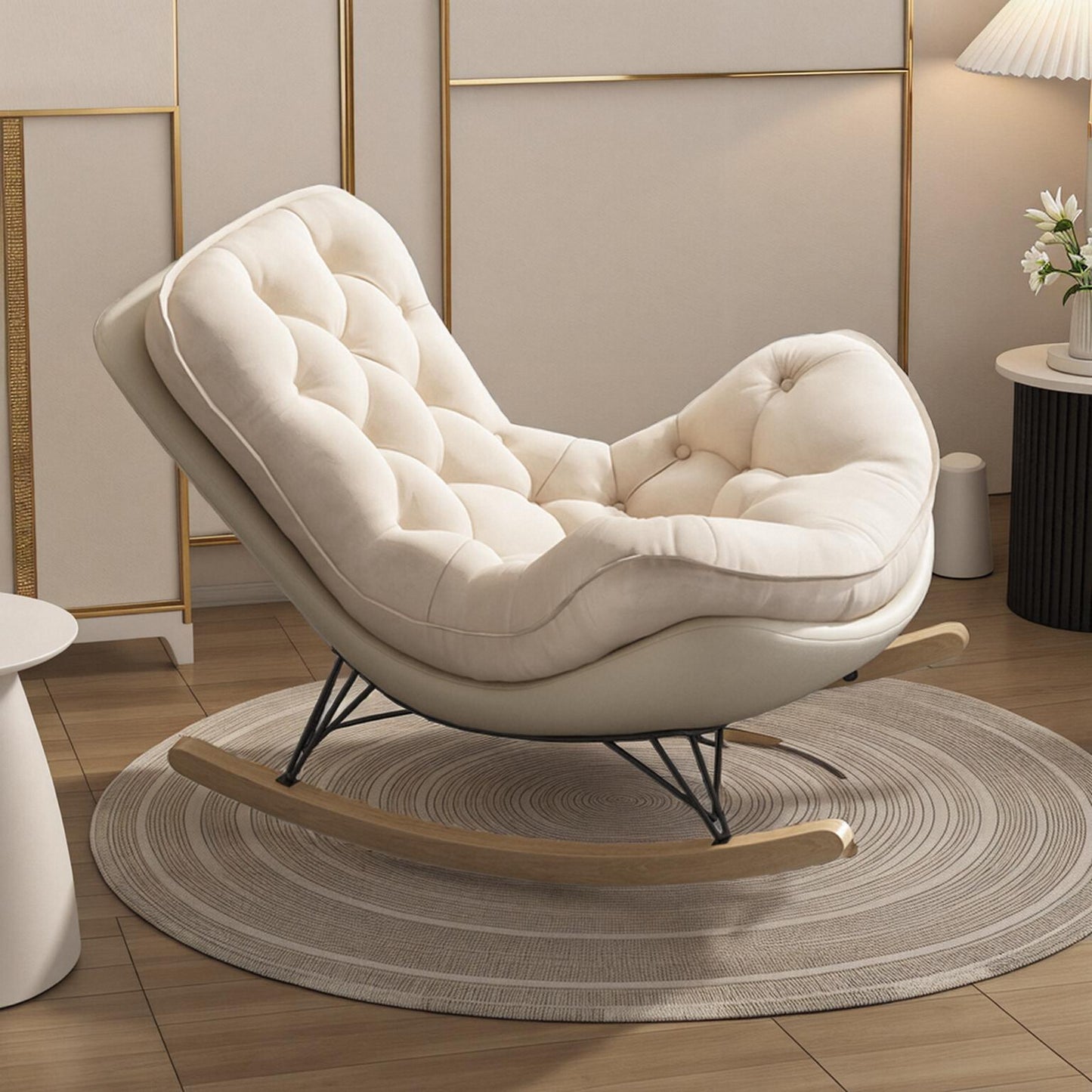 Luxury Tufted Rocking Lounge Chair with Cream Cushion and Faux Leather Shell for Bedroom, Living Room or Nursery Comfort