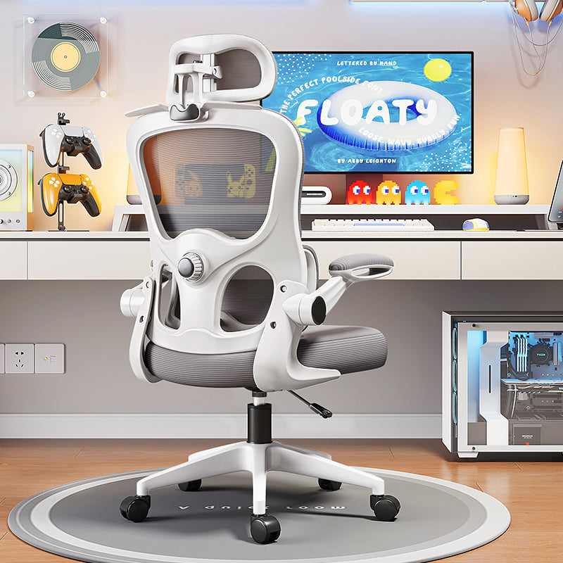 Ergonomic Gaming Office Chair with Adjustable Headrest Lumbar Support and Mesh Back in White and Gray for Home Setup