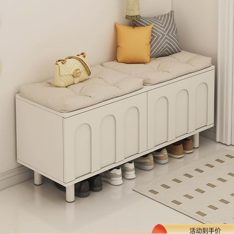 Modern Padded Storage Bench with Hidden Cabinet and Open Shoe Shelf for Entryway or Bedroom