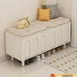Modern Padded Storage Bench with Hidden Cabinet and Open Shoe Shelf for Entryway or Bedroom