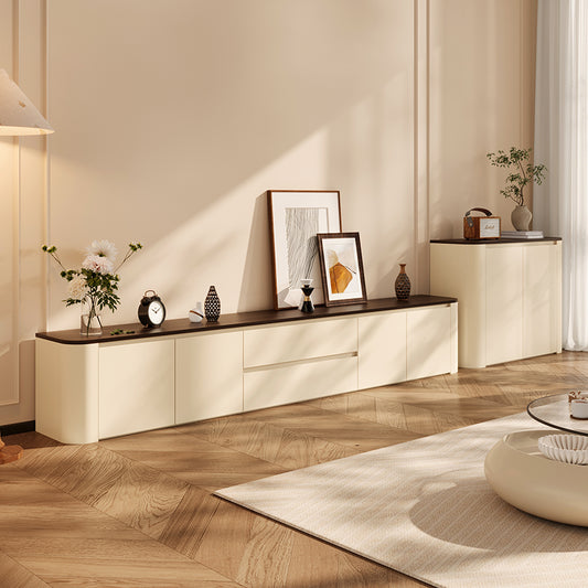 Cream and Dark Walnut TV Stand with Flush Front Design and Soft Rounded Edges for Contemporary Living Spaces