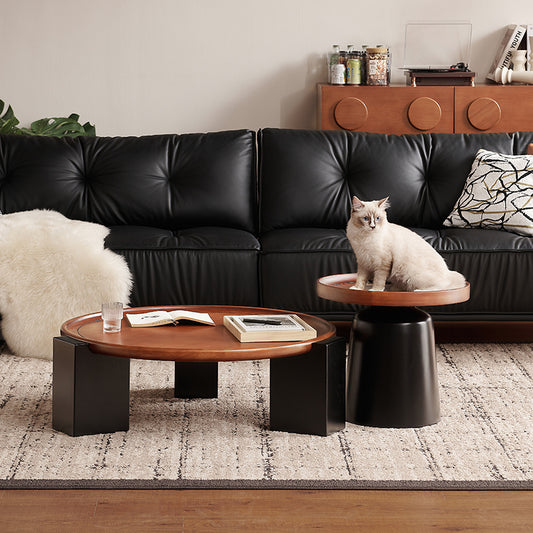 Modern Round Coffee Table Set with Wooden Tray Tops and Black Sculptural Bases a€?2-Piece Living Room Accent Table Set in Walnut and Matte Black
