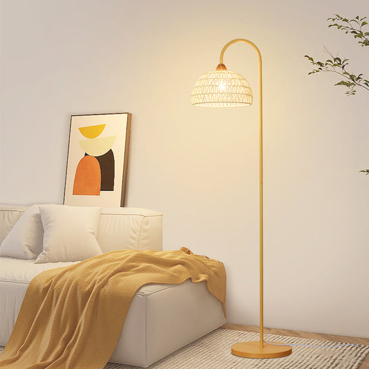 Boho Floor Lamp with Rattan Woven Shade and Curved Metal Frame in Warm Yellow for Living Room or Bedroom