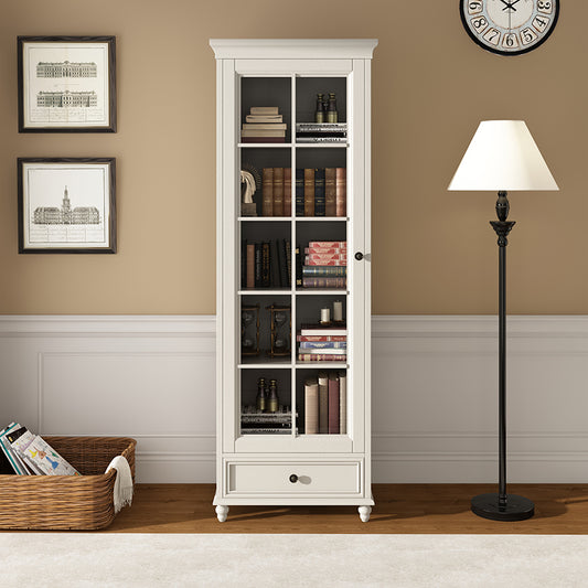 Vintage Tall Bookcase with Glass Door and Lower Drawer, Classic Display Cabinet for Living Room, Study, or Library