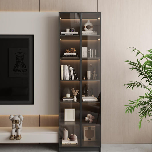 Tall Black Display Cabinet with Glass Doors and LED Lighting for Living Room or Study