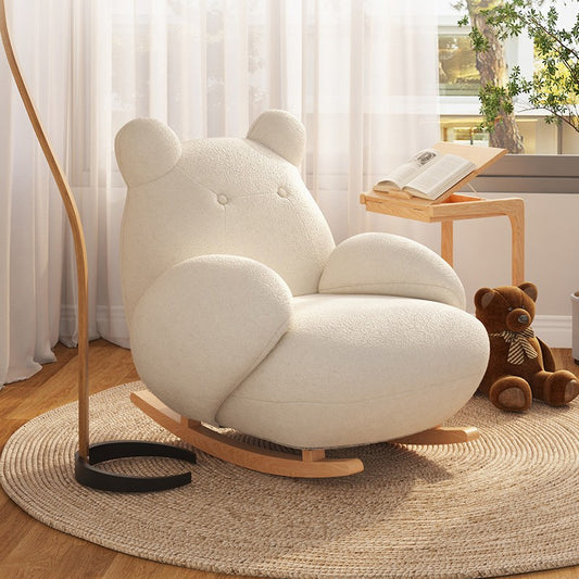 Teddy Bear-Inspired Rocking Chair with Soft Cream Boucl¨¦ Upholstery and Wooden Base for Nursery, Kidsa€?Room or Cozy Reading Corner