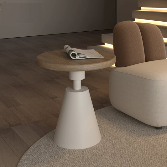 Modern Round Side Table with Wood Top and Cone Base for Living Room or Lounge Area