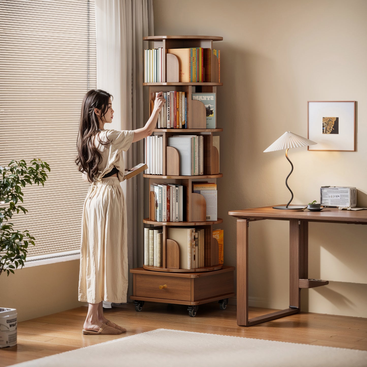 Tall Rotating Wooden Bookshelf with Multiple Tiers and Bottom Drawer on Wheels for Bedroom Living Room or Home Office Storage