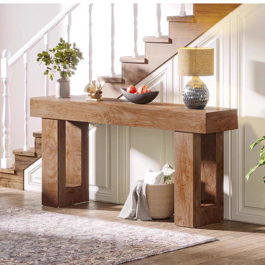 Rustic Solid Wood Console Table with Thick Top and Open Block Legs for Entryway Hallway or Living Room Display Surface