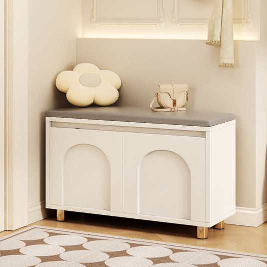 Modern Upholstered Storage Bench with Hidden Cabinet and Cushioned Seat for Entryway or Bedroom
