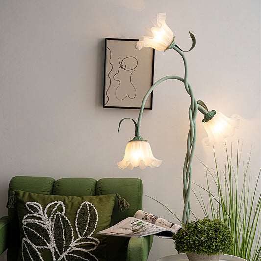Vintage Flower Floor Lamp with Three Frosted Glass Shades and Curved Green Metal Stems for Living Room or Bedroom Decor