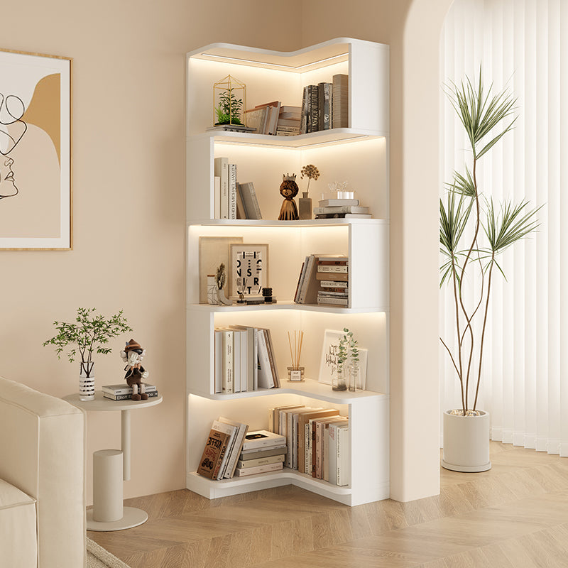 Modern Corner Bookcase with Five Open Shelves and Built In LED Lighting for Living Room Home Office or Bedroom Storage Display