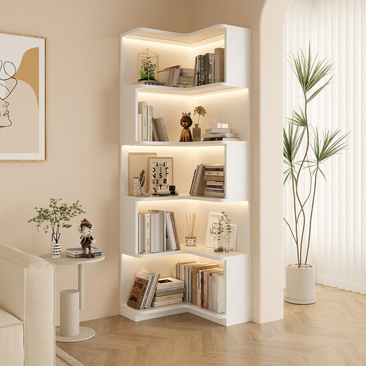 Modern Corner Bookcase with Five Open Shelves and Built In LED Lighting for Living Room Home Office or Bedroom Storage Display