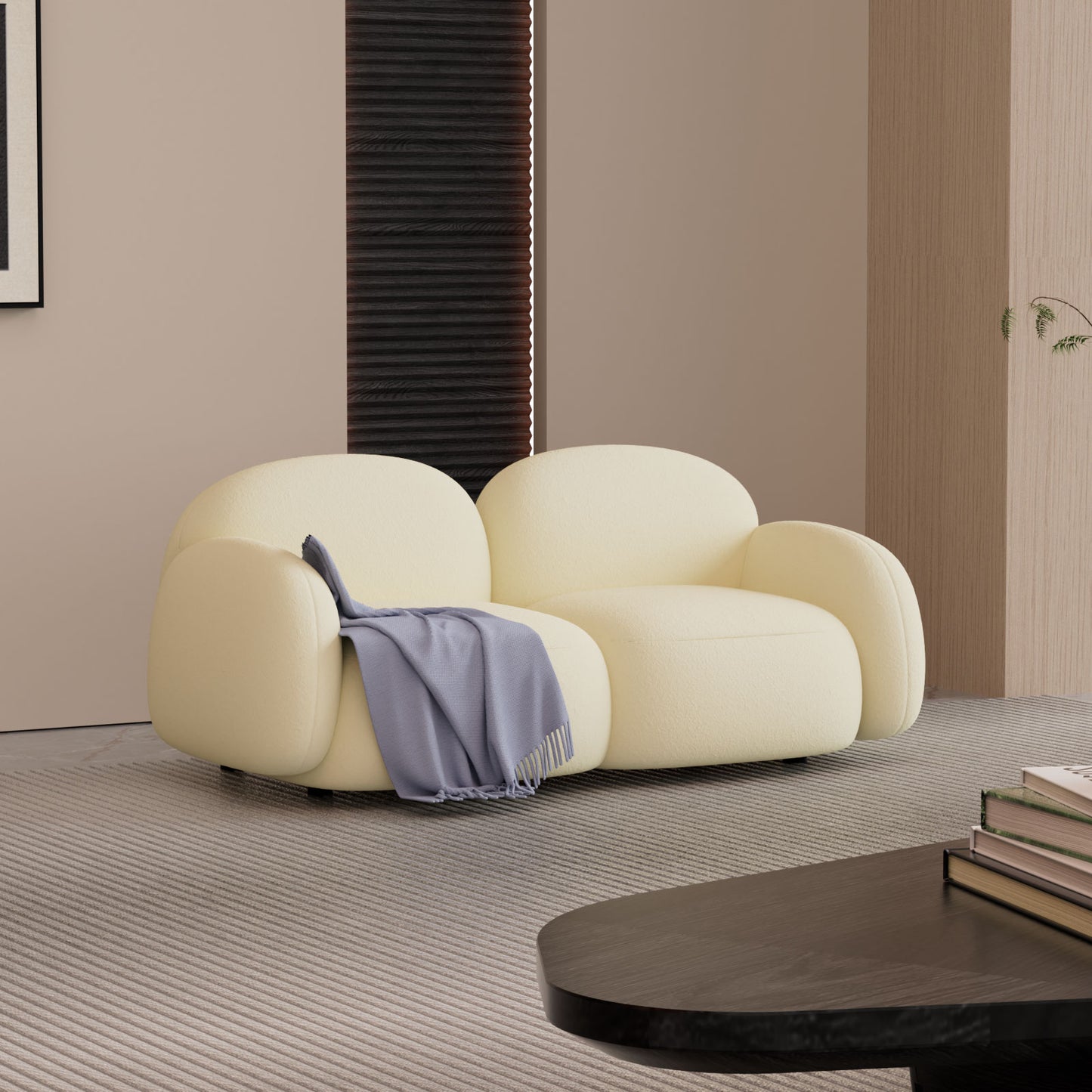 Contemporary Curved Loveseat in Cream Boucle Upholstery with Plush Cushions and Rounded Armrests for Modern Minimalist Living Spaces