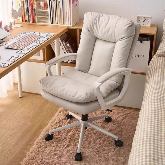 Soft Padded Swivel Office Chair with Cushioned Armrests and Backrest in Light Beige Fabric for Bedroom or Study Desk Comfort