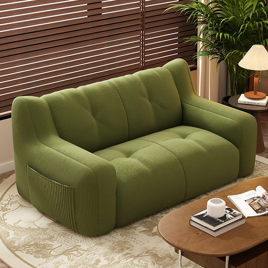 Modern Green Corduroy Loveseat with Plush Tufted Cushions Rounded Armrests and Side Pocket for Cozy Retro Style Living or Reading Nooks