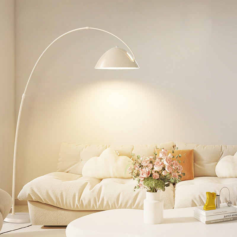Modern Arc Floor Lamp with Dome Shade and Curved Metal Arm in Matte White Finish for Living Room Bedroom or Reading Corner