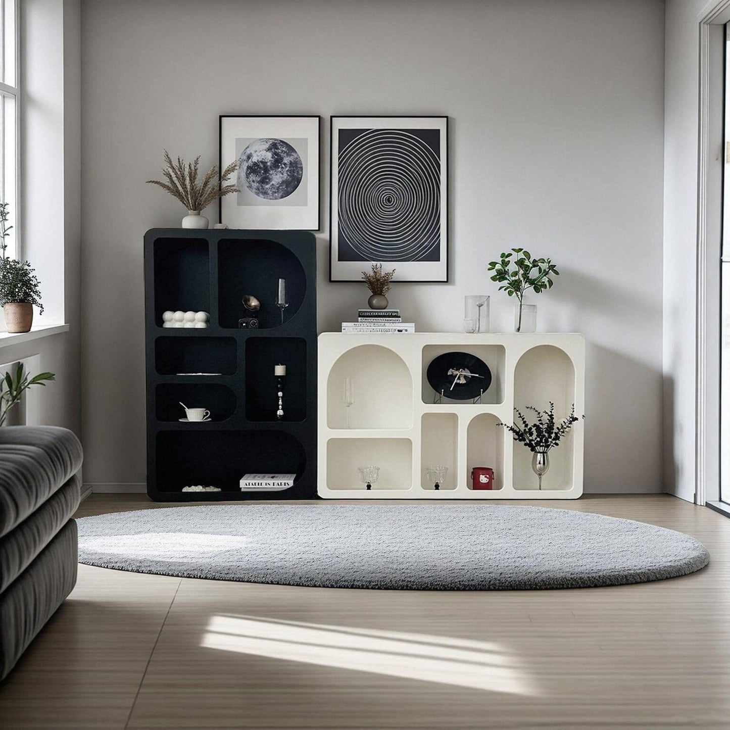 Modern Geometric Display Cabinet with Curved Open Shelves in Black and White Finish for Living Room Entryway or Studio Decor