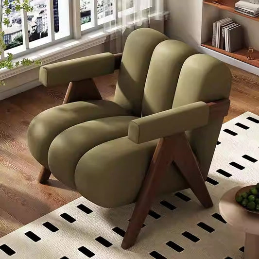 Modern Olive Green Accent Chair with Tufted Upholstered Seat and Walnut Wood Frame for Living Room or Contemporary Lounge Space