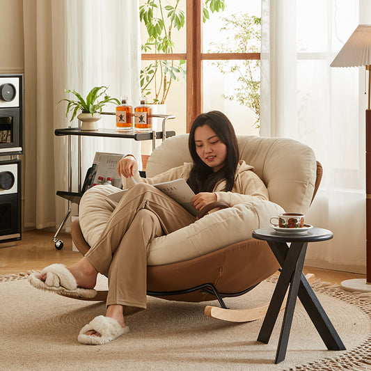 Modern Rocking Recliner Lounge Chair with Pillow Soft Cushion and Curved Wooden Base for Cozy Living Room or Bedroom Comfort