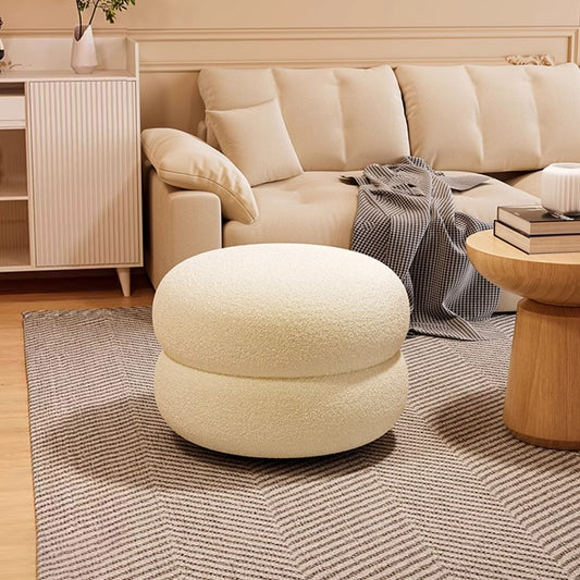 Round Plush Ottoman with Layered Cushion Design in Cozy Boucle Fabric for Living Room Bedroom or Modern Lounge Accent