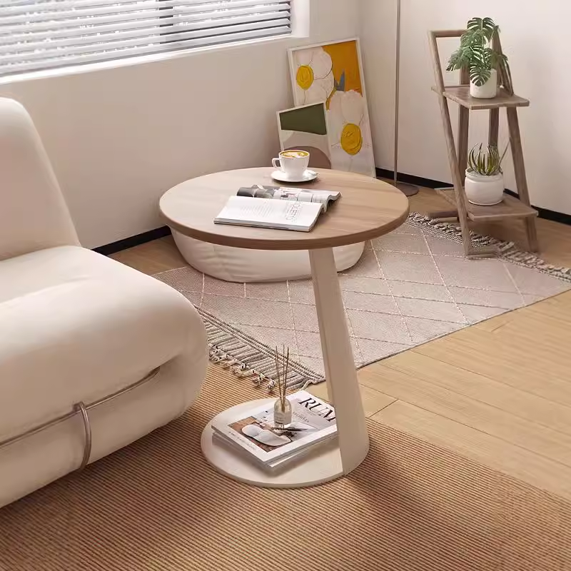 Modern Round Side Table with Wood Top and Asymmetrical Base Shelf for Living Room Bedroom or Minimalist Home Decor