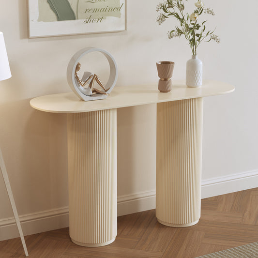 Modern Cream Console Table with Fluted Cylinder Legs and Rounded Oval Top for Entryway Hallway or Soft Contemporary Interiors