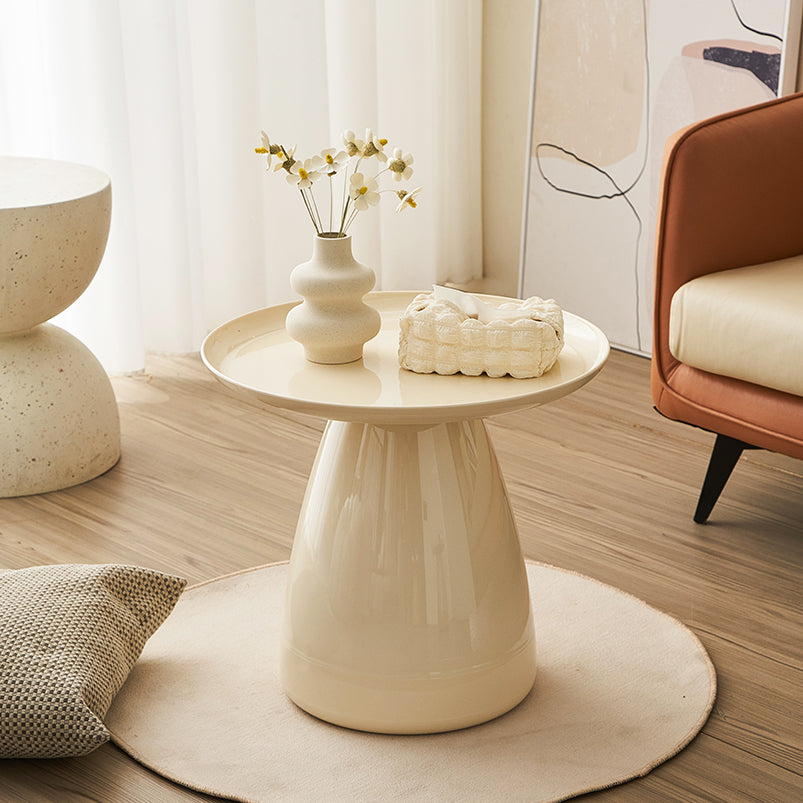 Glossy Cream Round Side Table with Sculptural Pedestal Base and Tray Top for Modern Living Room Bedroom or Stylish Interiors