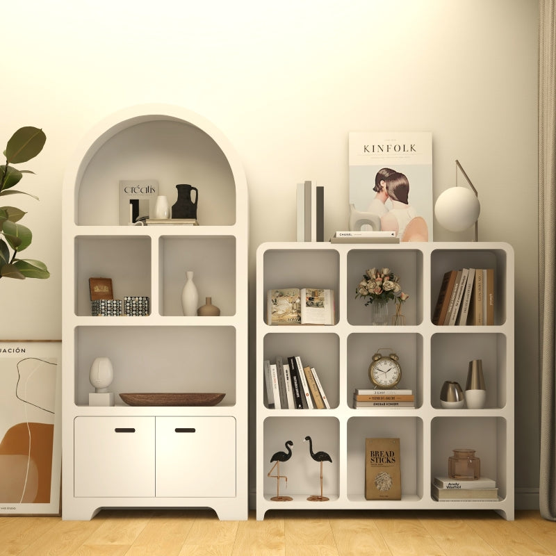 Modern White Display Bookshelf Set with Arched Tall Cabinet and Nine Cube Storage Organizer for Living Room or Home Office