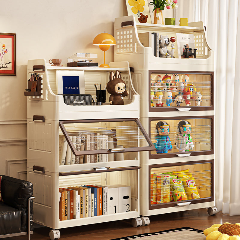 Stackable Rolling Storage Cabinet with Transparent Flip Doors a€?Multi-Tier Plastic Organizer Shelf for Toys, Books, and Snacks