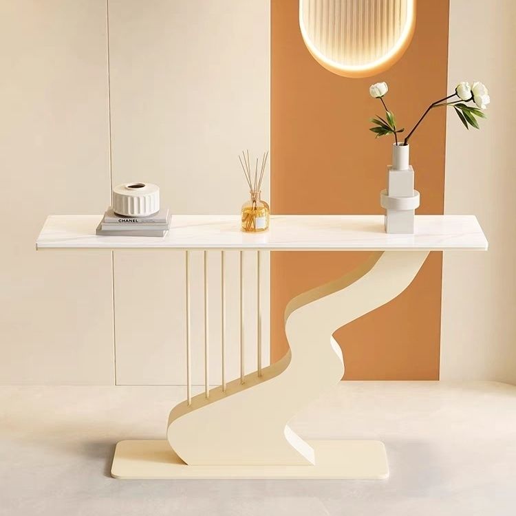 Modern Sculptural Console Table with Curved Art Base and White Marble Look Top for Entryway Hallway or Artistic Interiors