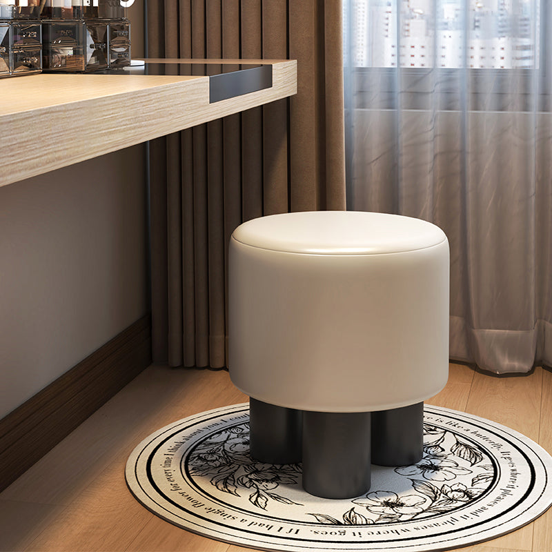 Contemporary Round Vanity Stool with Faux Leather Upholstery and Sculptural Pillar Legs for Bedroom Dressing Table or Entryway Seat