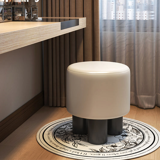 Contemporary Round Vanity Stool with Faux Leather Upholstery and Sculptural Pillar Legs for Bedroom Dressing Table or Entryway Seat