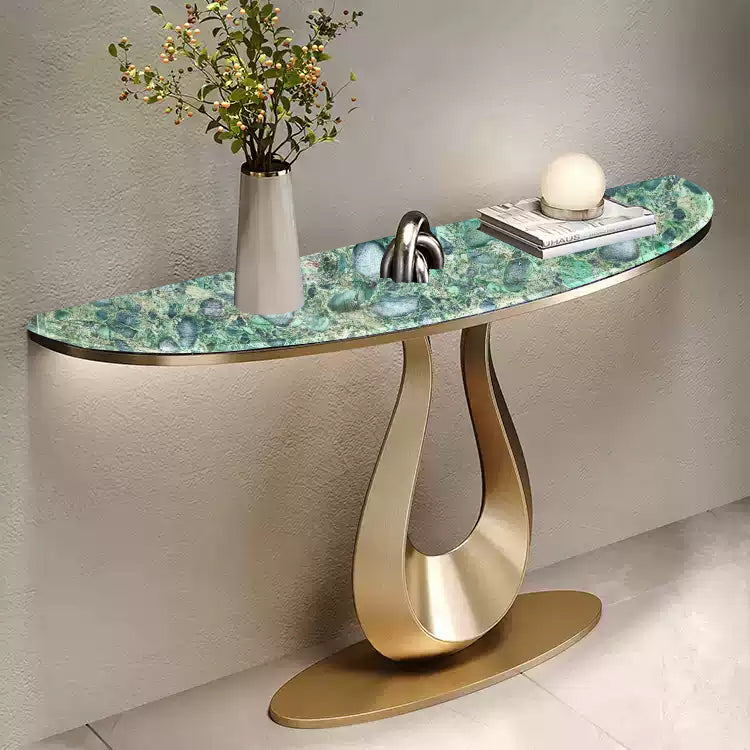 Luxury Console Table with Green Gemstone Look Top and Gold Sculptural Base for Entryway Living Room or Glam Modern Interiors