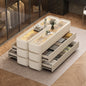 Modern Cream Storage Island Cabinet with Glass Top and Soft Close Drawers for Walk-In Closet Organization and Display