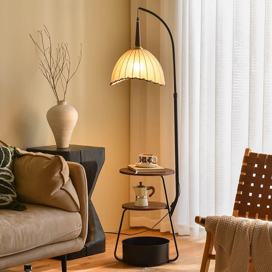 Vintage Floor Lamp with Pleated Fabric Shade and 3-Tier Wood Shelf in Black Metal Frame for Living Room or Reading Nook