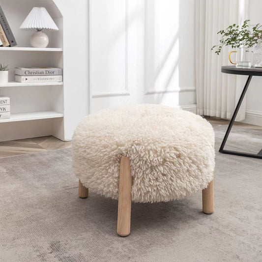 Round Faux Sheepskin Ottoman with Wooden Legs in Cream for Living Room Bedroom or Cozy Scandinavian Inspired Decor