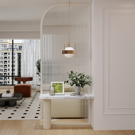 Modern Arched Room Divider with Vertical Ribbed Glass Panel and Built In Console Shelf for Elegant Living Room or Entryway Accent