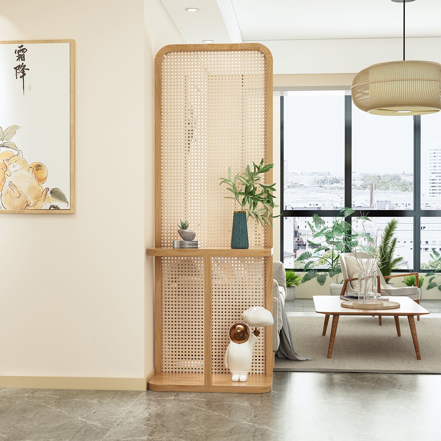 Natural Rattan Room Divider with Rounded Frame and Built In Display Shelves for Japandi or Boho Entryway and Living Room Decor