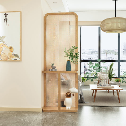 Natural Rattan Room Divider with Rounded Frame and Built In Display Shelves for Japandi or Boho Entryway and Living Room Decor