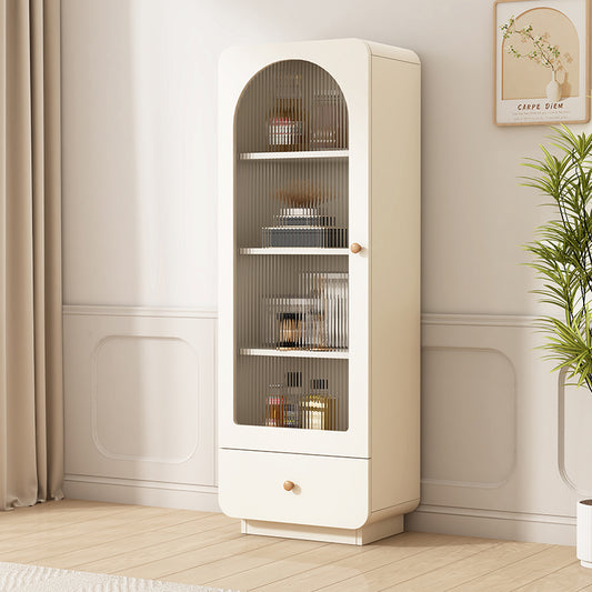 Modern Cream Display Cabinet with Fluted Glass Door and Drawer a€?Tall Arched Storage Unit for Living Room, Kitchen, or Study