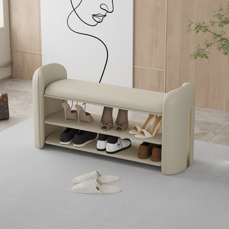 Modern Faux Leather Shoe Storage Bench with Cushioned Seat and Three Tier Shelves for Entryway or Bedroom