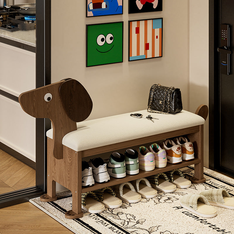 Dog Shaped Shoe Storage Bench with Cushioned Seat and Two Tier Organizer for Entryway or Kids Room
