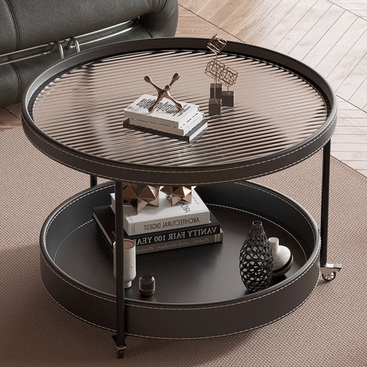 Round Two Tier Coffee Table with Ribbed Glass Top and Leather Wrapped Frame on Casters for Modern Industrial Living Room Decor