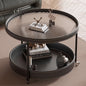 Round Two Tier Coffee Table with Ribbed Glass Top and Leather Wrapped Frame on Casters for Modern Industrial Living Room Decor