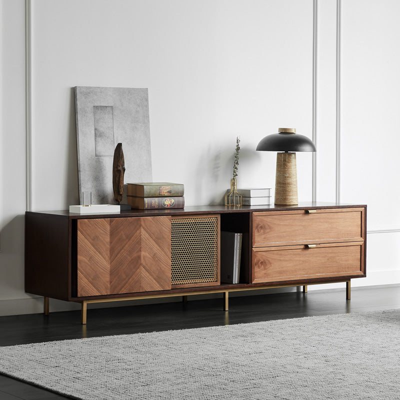 Mid Century Modern TV Stand with Chevron Wood Doors Rattan Accent and Brass Base for Living Room Storage and Entertainment Center
