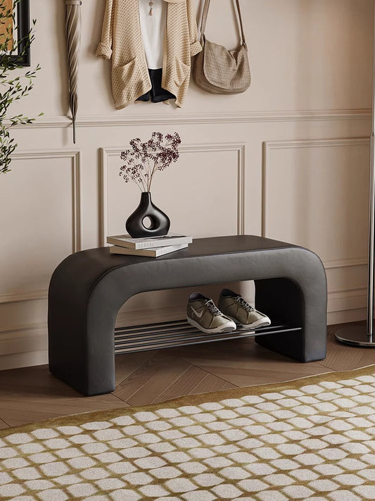 Contemporary Faux Leather Bench with Curved Frame and Metal Shoe Rack for Entryway or Living Room