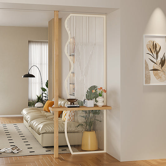 Modern Wave Shaped Room Divider with Vertical Ribbed Panel and Built In Shelf for Stylish Living Room or Entryway Space Separation
