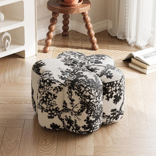 Flower Shaped Upholstered Ottoman with Artistic Black and White Pattern for Living Room Bedroom or Creative Lounge Accent Seat